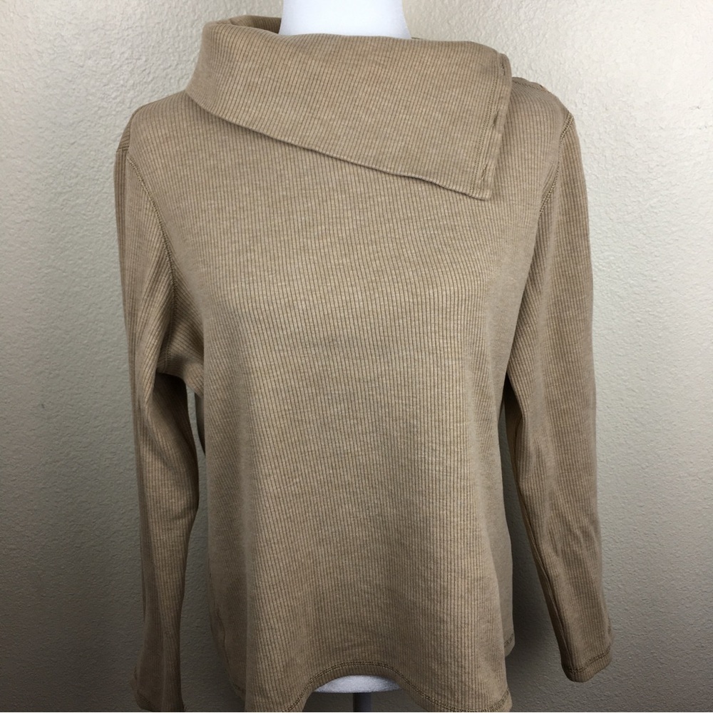 Ann Taylor LOFT Tan Turtleneck Shoulder Button Ribbed Knit Long Sleeve Top XL
